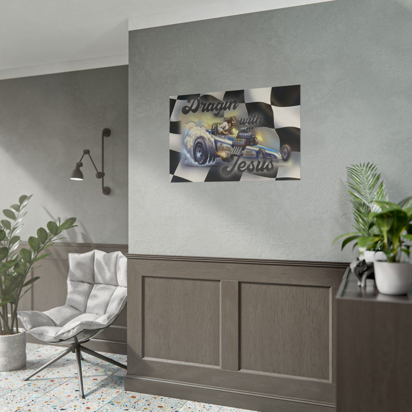 Dragin' With Jesus Dragster Poster — Checkered Flag Racing Wall Art