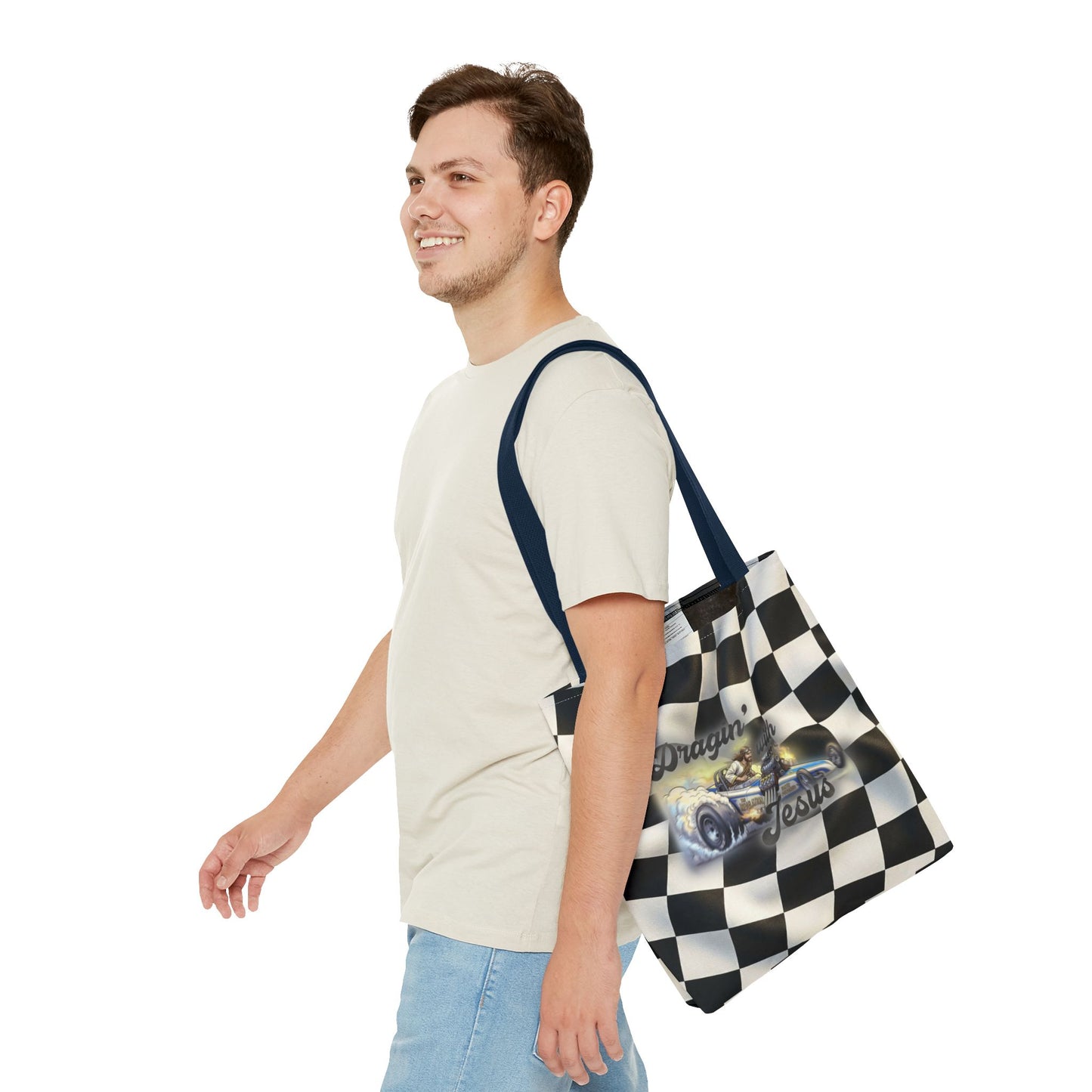Dragin' Jesus Racing Tote Bag — Checkered Flag Vintage Hot Rod Tote