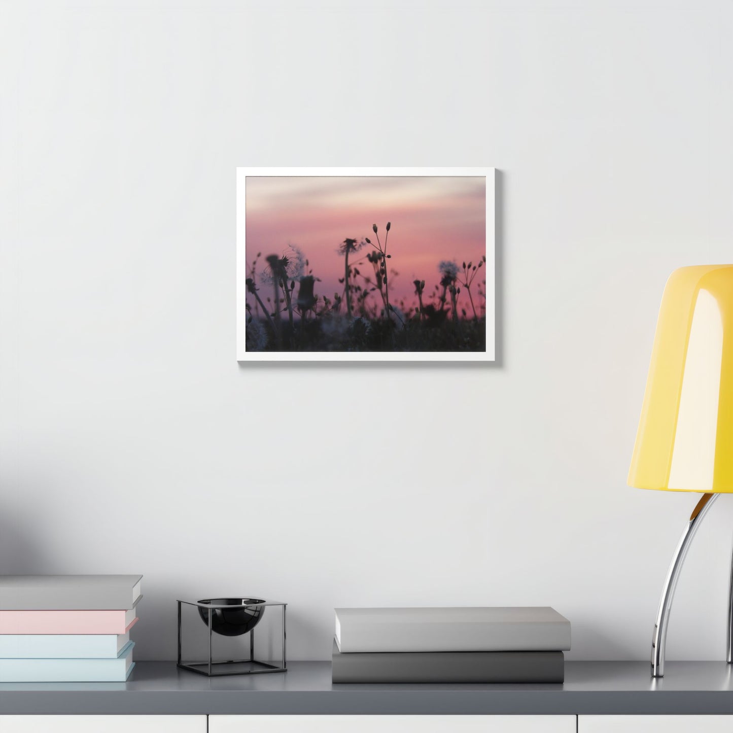 Sunset Meadow Framed Poster — Pink Sky Wildflower Wall Art