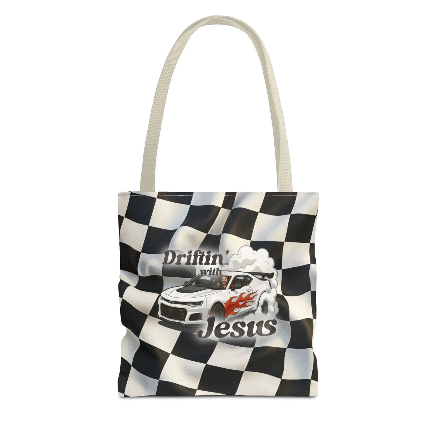 Driftin' with Jesus Racing Tote Bag - Checkered Flag Christian Car Gift