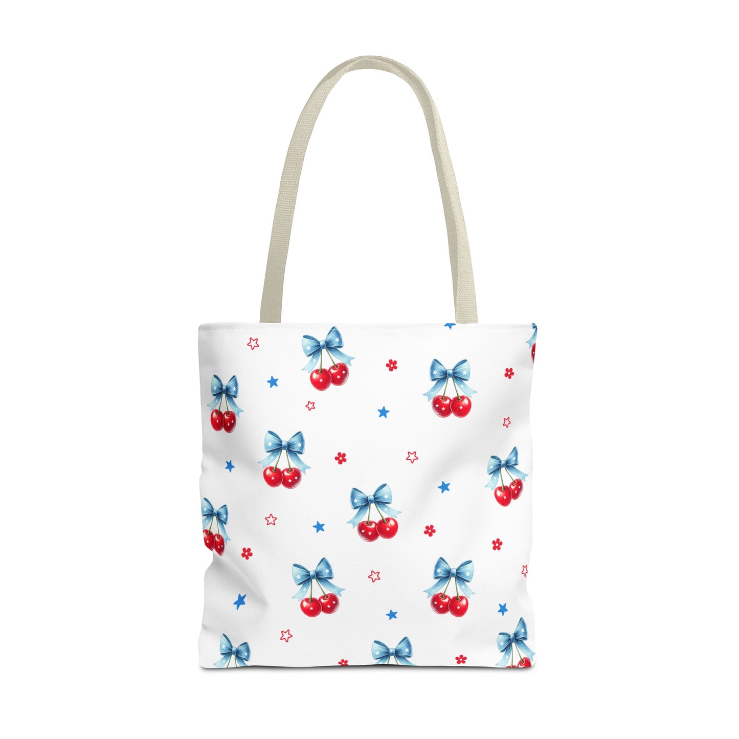 Cherry Bow Tote Bag — Cute Red Cherries with Blue Bows Patterned Shopper