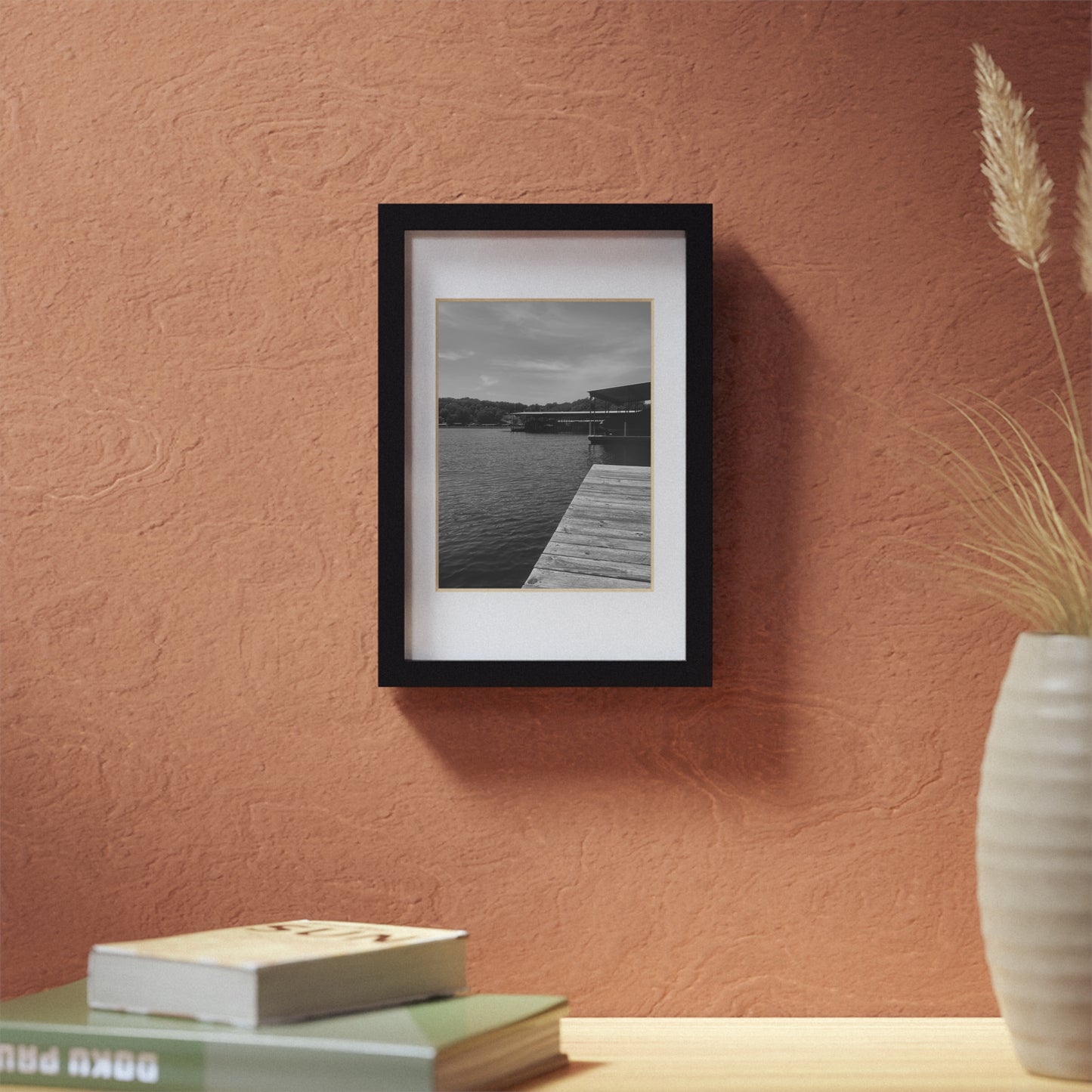 Black Framed Lake Dock Poster — Minimalist Monochrome Wall Art