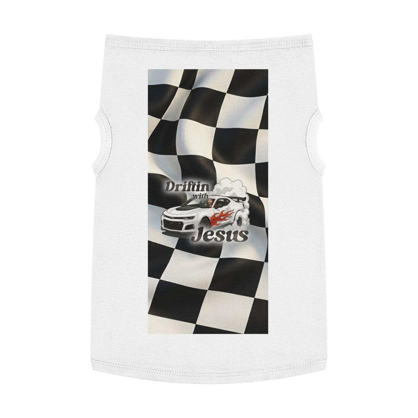 Pet Tank Top — "Driftin' with Jesus" Racing Flag Dog Shirt