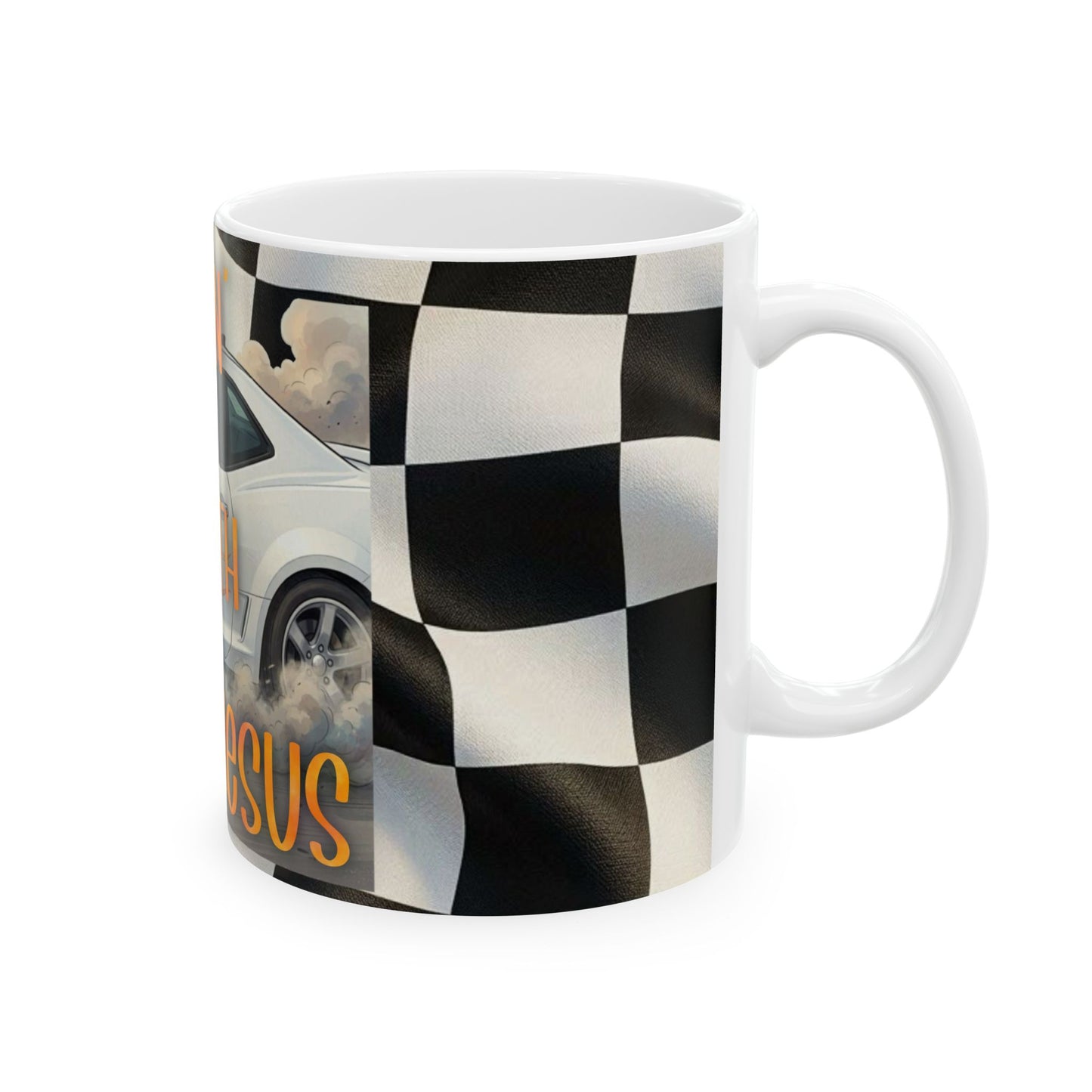 Driftin' With Jesus Ceramic Mug — Christian Racing Coffee Cup (11oz, 15oz)