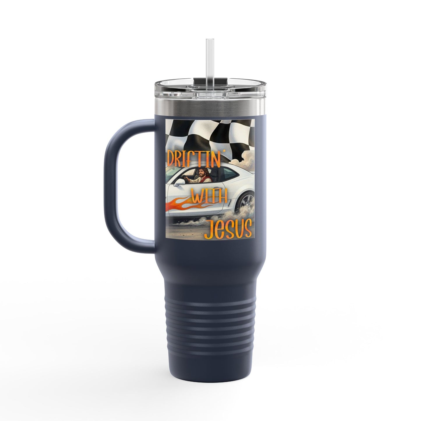 40oz Insulated Travel Mug — Vintage Race Car on Checkered Flag