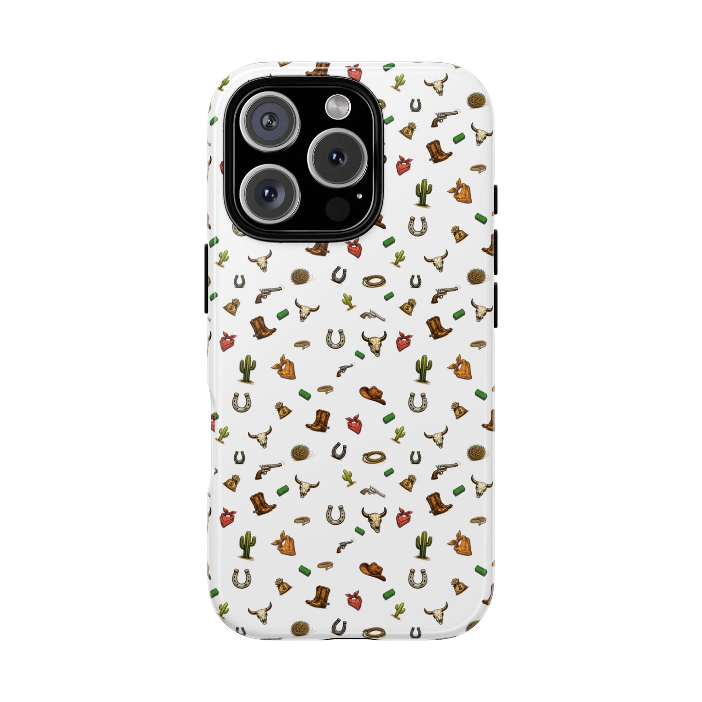 Western Cowboy Pattern Phone Case — Rodeo Hat, Horseshoe & Cactus Tough Case