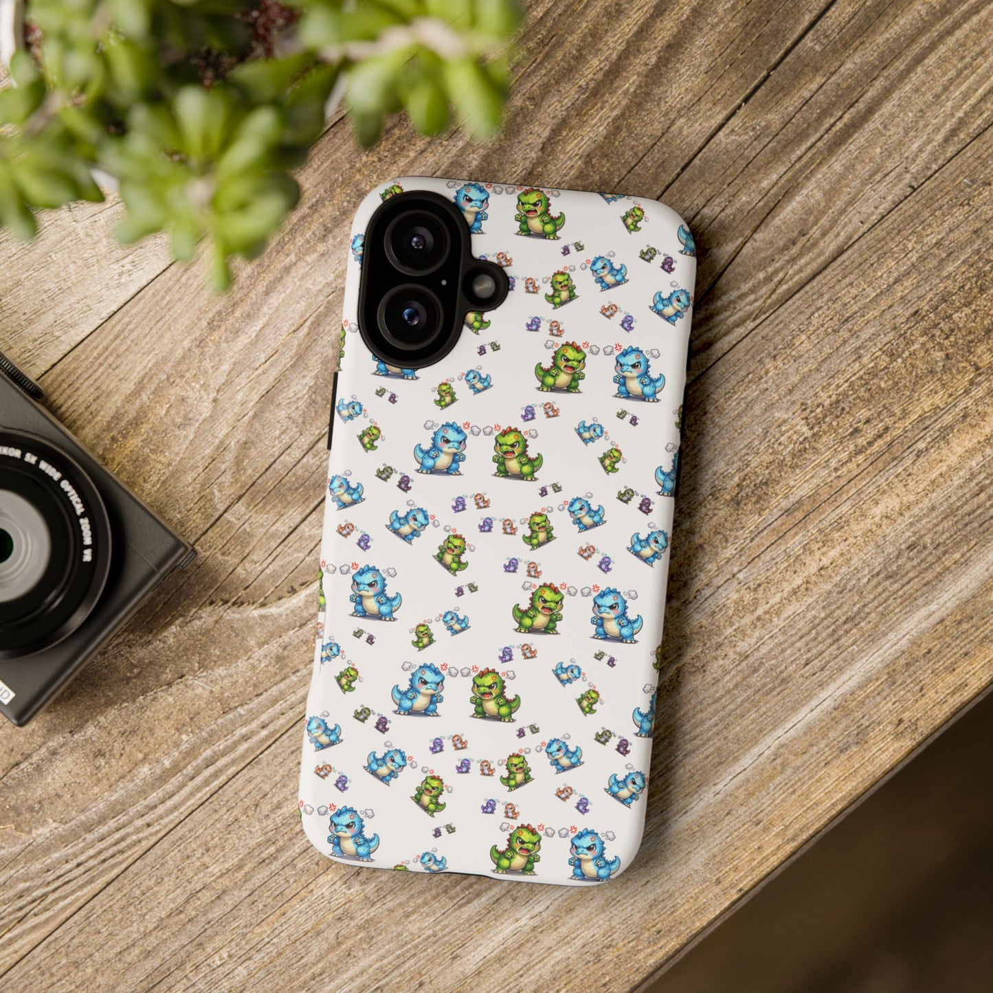 Cute Dino Pattern Phone Case — Cartoon Green & Blue Dino Tough Case, Protective iPhone Cover