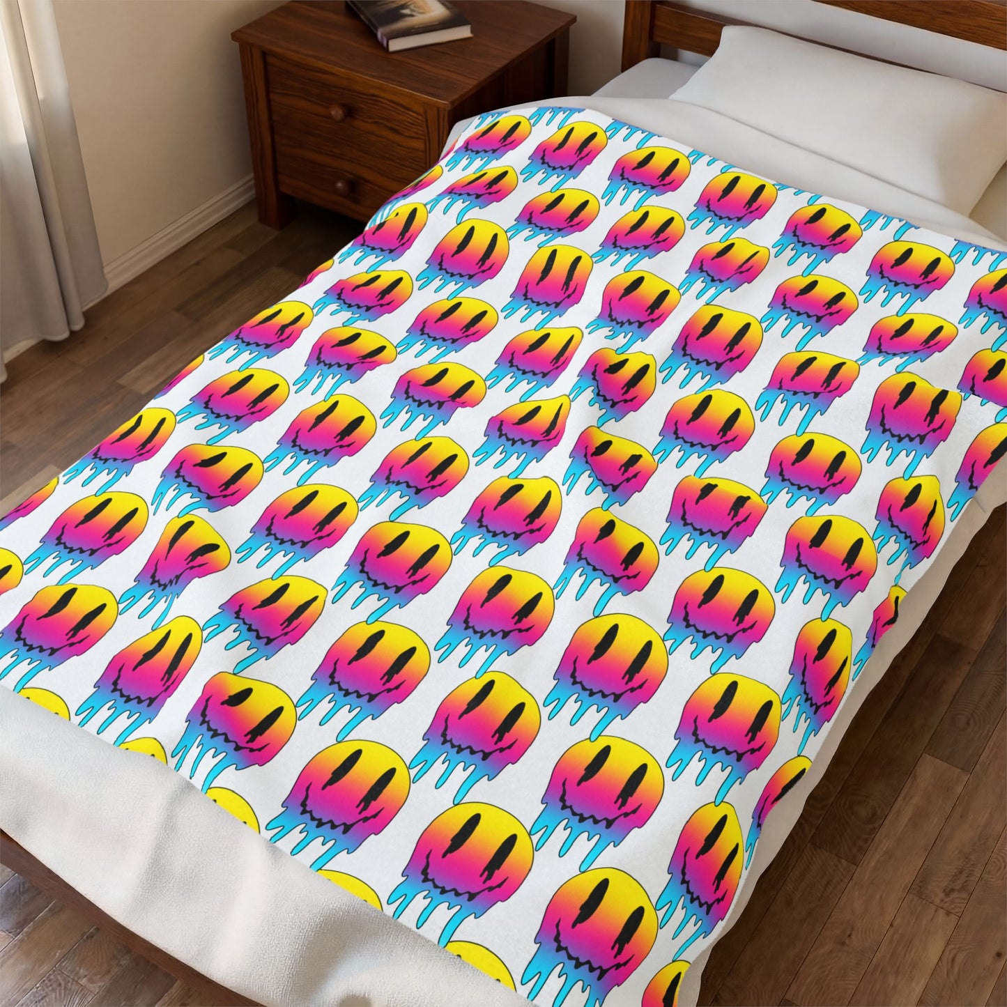 Velveteen Plush Blanket — Colorful Dripping Smiley Face Throw for Teens & Pop Art Lovers