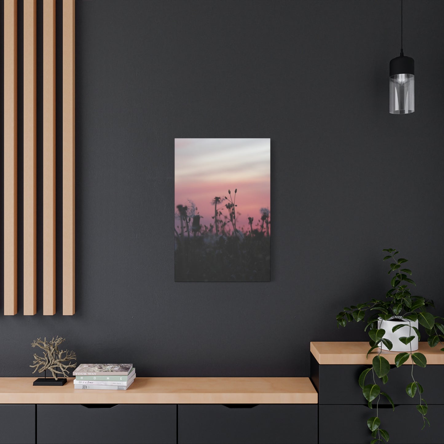 Canvas Wall Art - Silhouetted Wildflowers at Pink Sunset