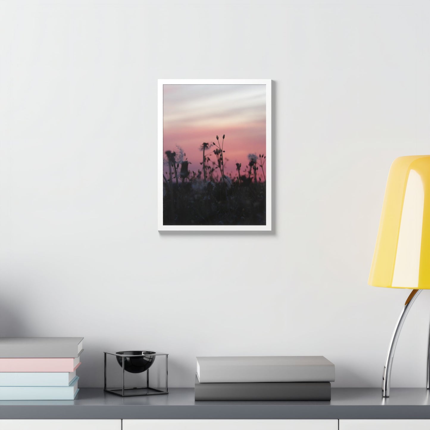 Sunset Meadow Framed Poster — Pink Sky Wildflower Wall Art