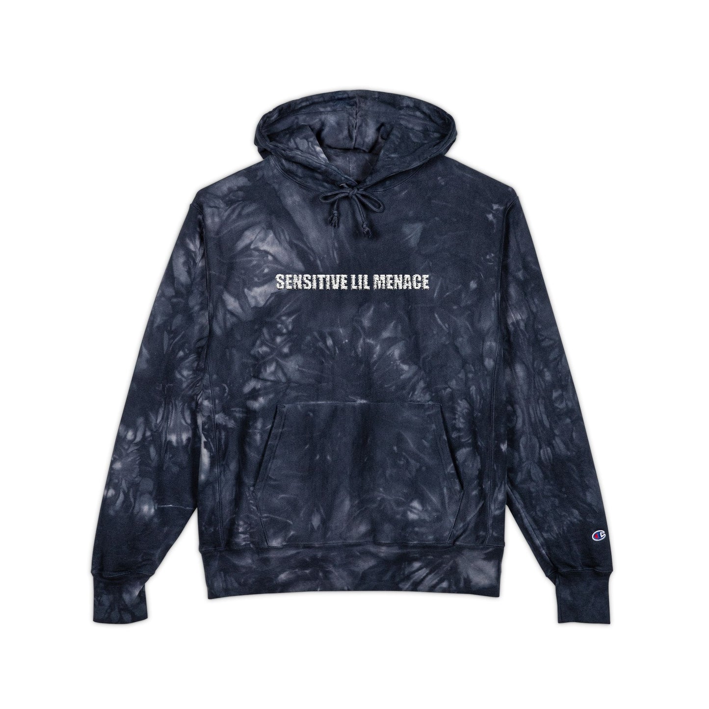 Tie-Dye Embroidered Hoodie — 'Sensitive lil menace' Champion Pullover