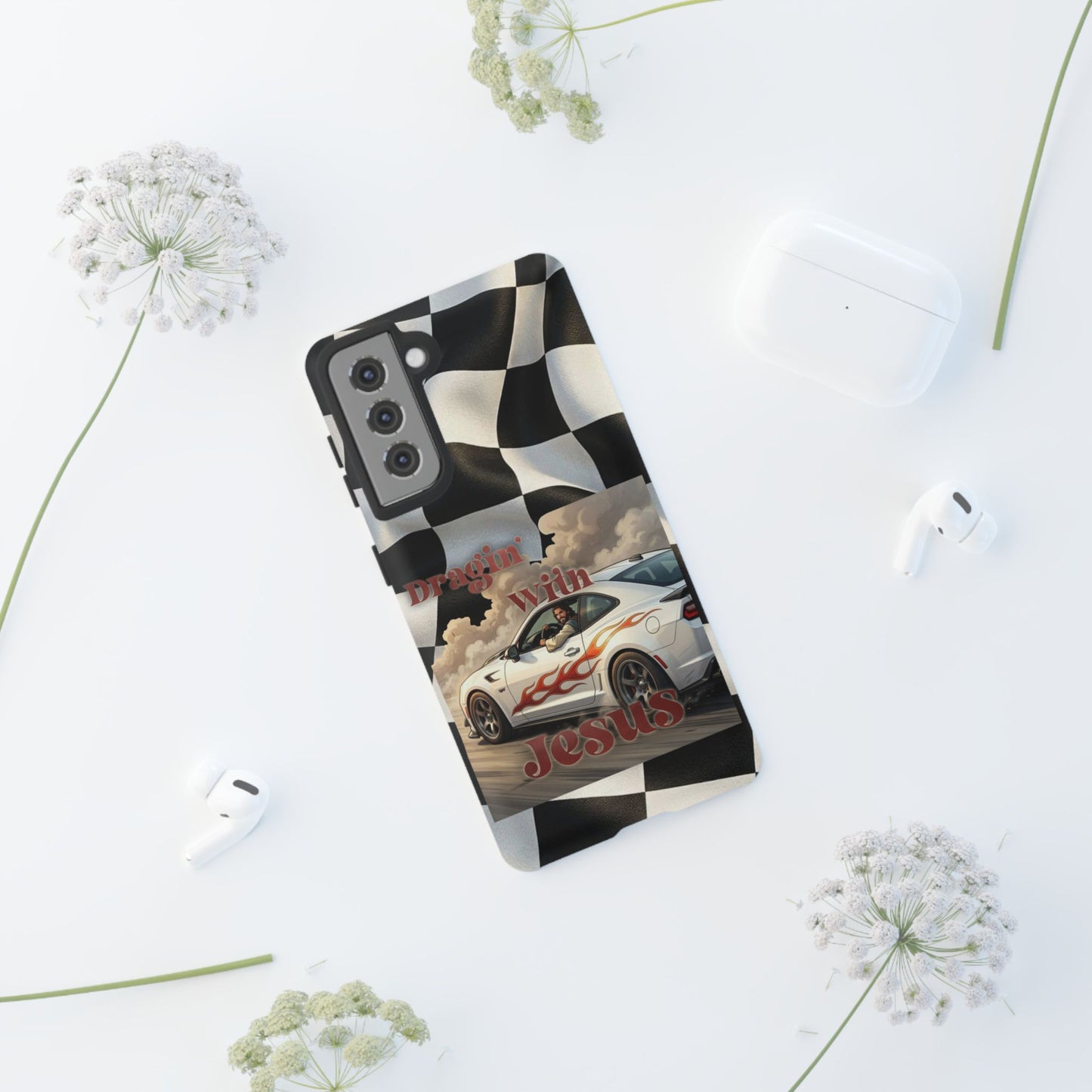 Phone Case — "Dragin' With Jesus" Racing Checkered flag - Samsung / Google phones