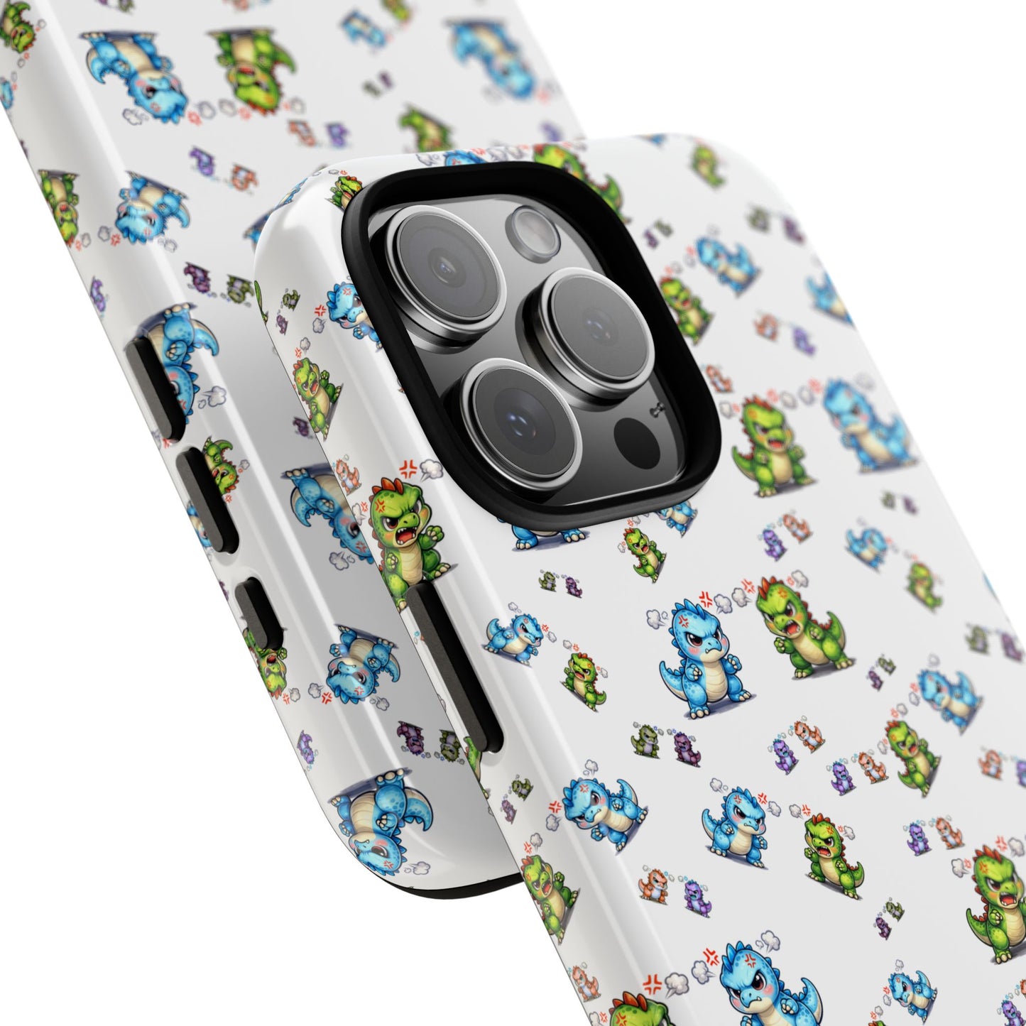 Cute Dino Pattern Phone Case — Cartoon Green & Blue Dino Tough Case, Protective iPhone Cover