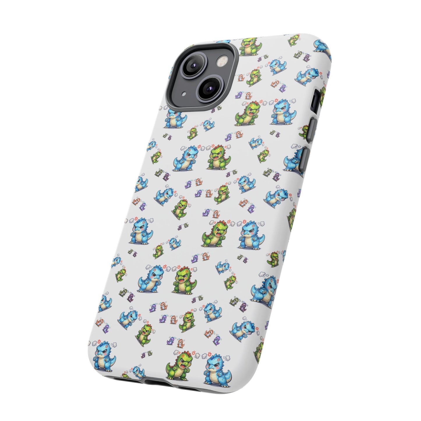 Cute Dino Pattern Phone Case — Cartoon Green & Blue Dino Tough Case, Protective iPhone Cover