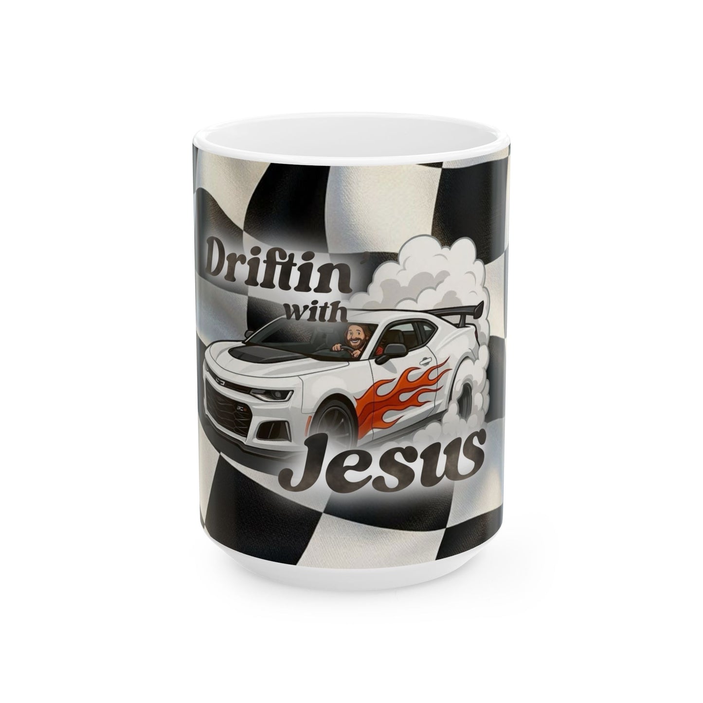 Driftin' with Jesus Ceramic Mug — Racing Checkered Design with Faith Car Graphic (11oz/15oz)
