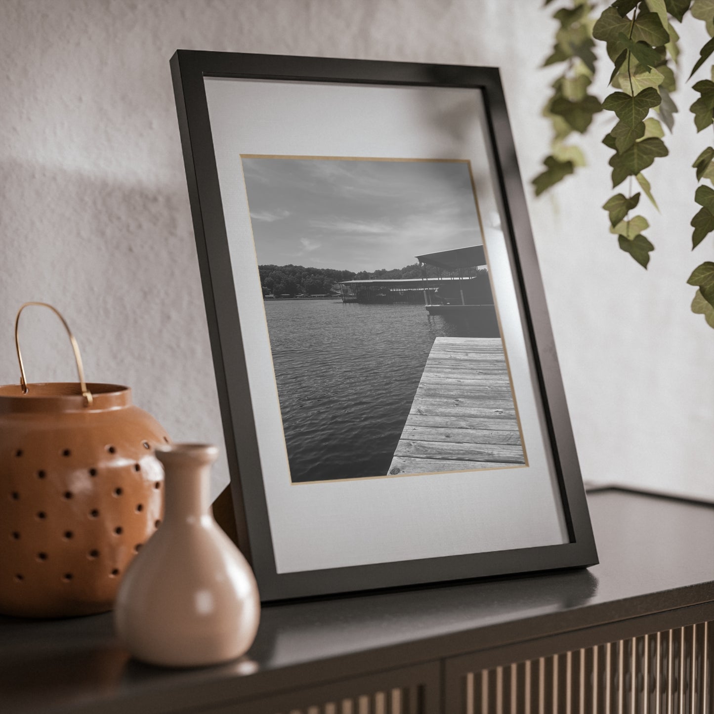 Black Framed Lake Dock Poster — Minimalist Monochrome Wall Art