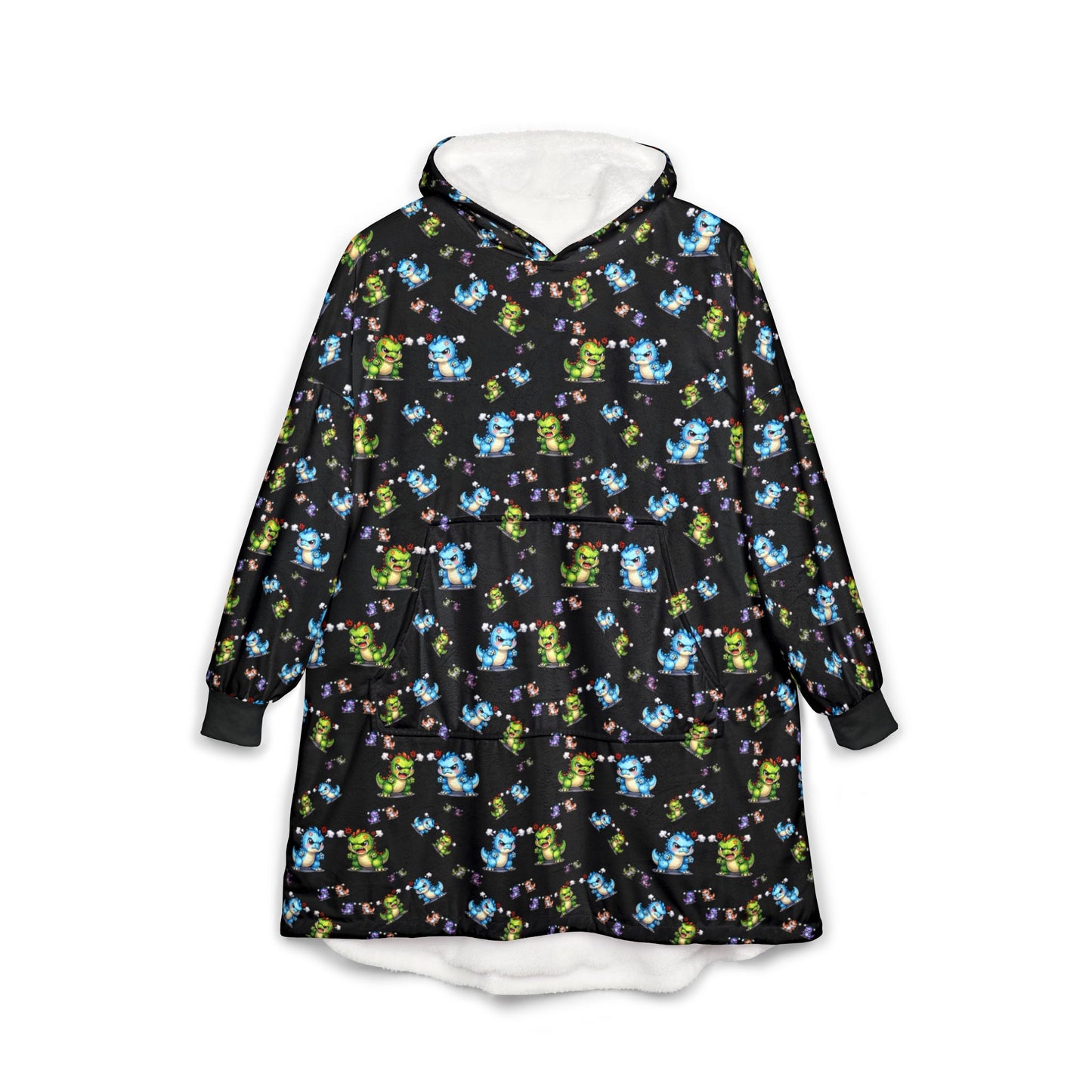 Hooded Blanket — Cozy Plush Hoodie with Cute Blue & Green Character Print