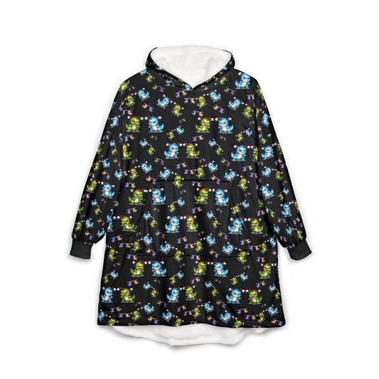 Hooded Blanket — Cozy Plush Hoodie with Cute Blue & Green Character Print
