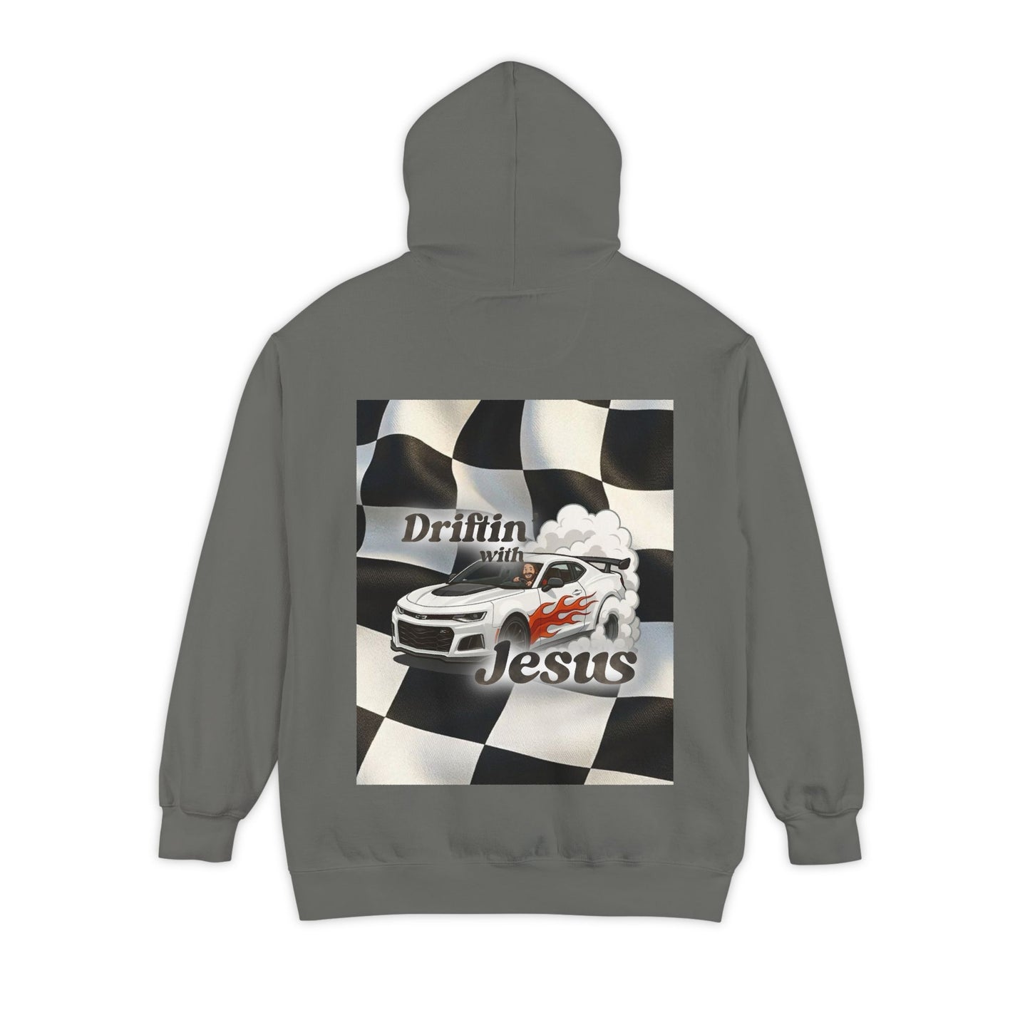 Classic Car Hoodie — Small Chest Graphic “drifting with jesus" Pullover