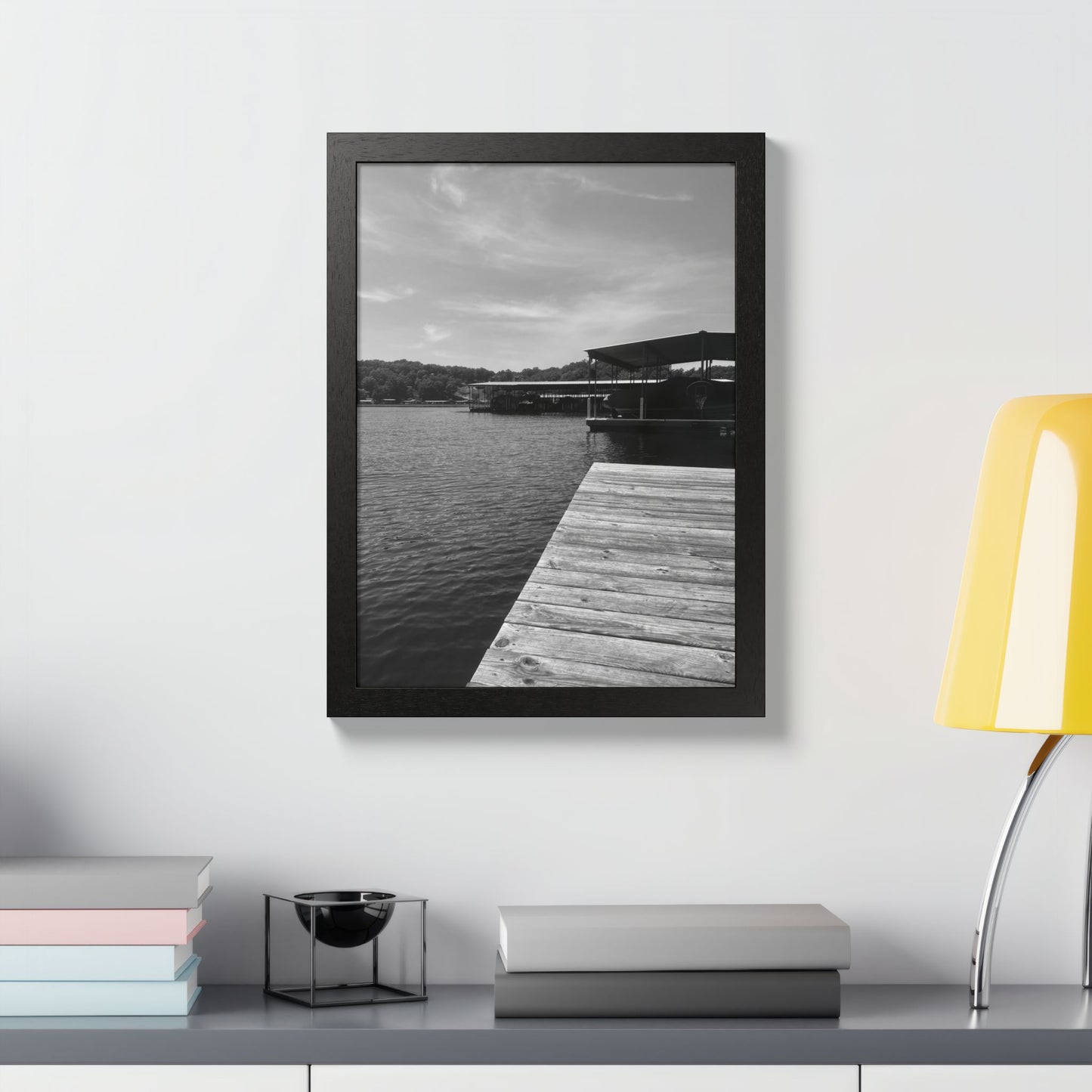 Lake Dock Framed Poster — Black & White Waterfront Wall Art