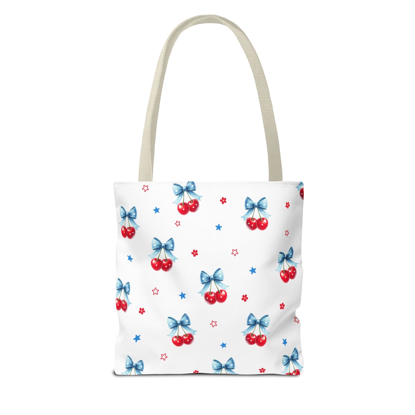 Cherry Bow Tote Bag — Cute Red Cherries with Blue Bows Patterned Shopper