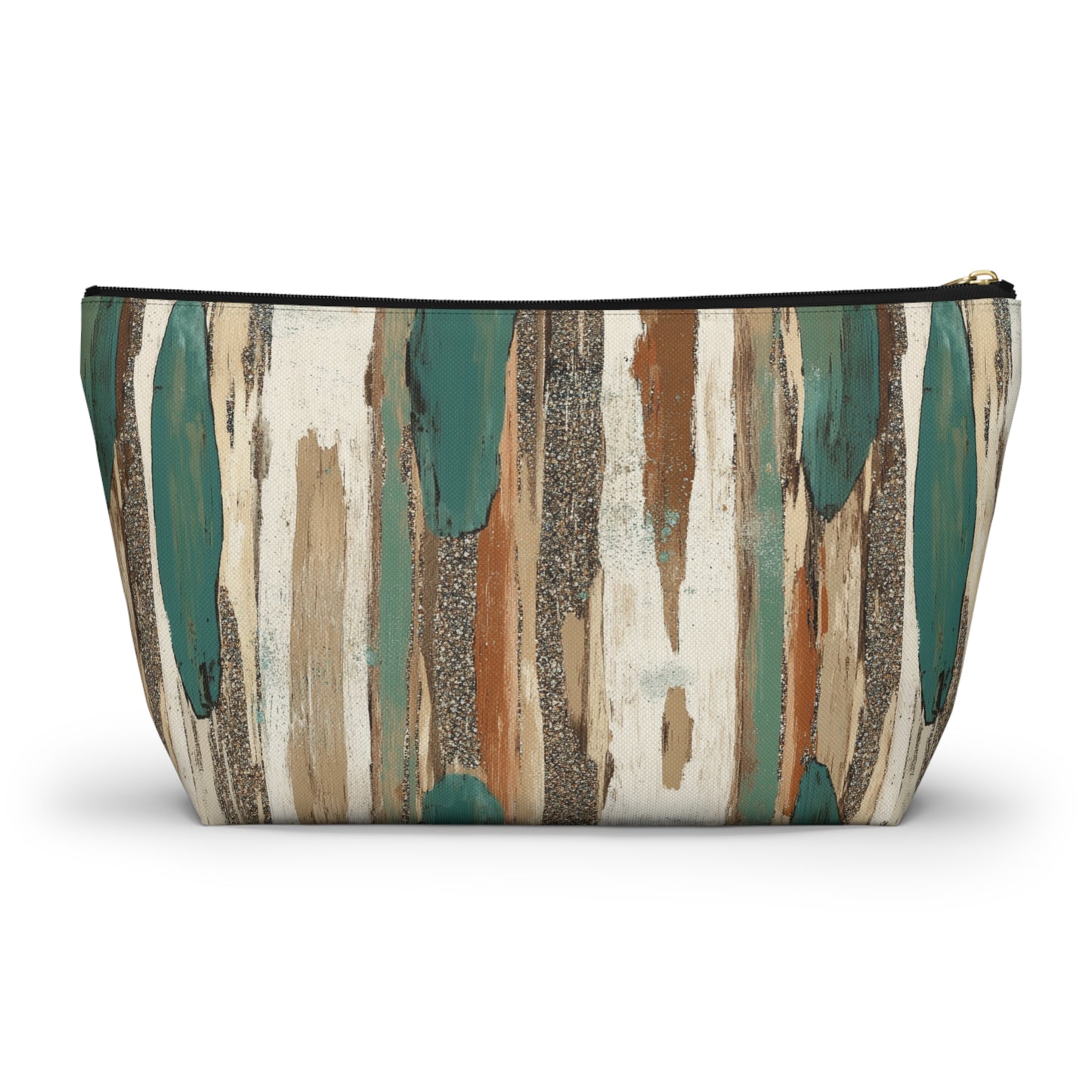 Abstract Teal & Earthtone Accessory Pouch — T-Bottom Cosmetic Bag
