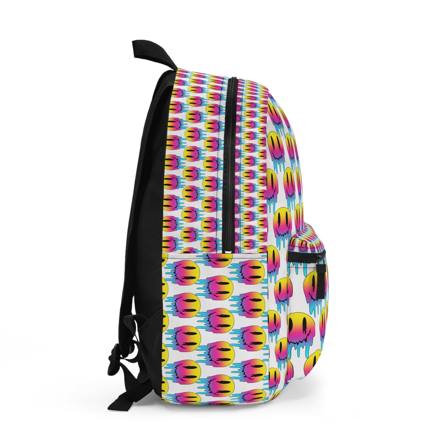Colorful Drip Smile Backpack — Neon Rainbow Melting Emoji Pattern School Bag