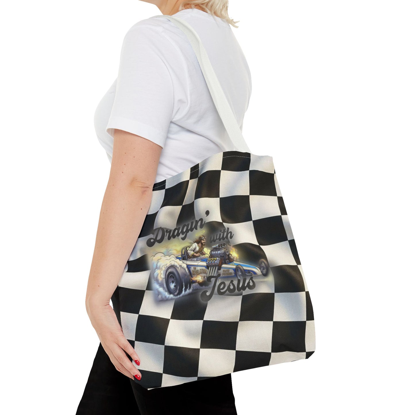 Dragin' Jesus Racing Tote Bag — Checkered Flag Vintage Hot Rod Tote