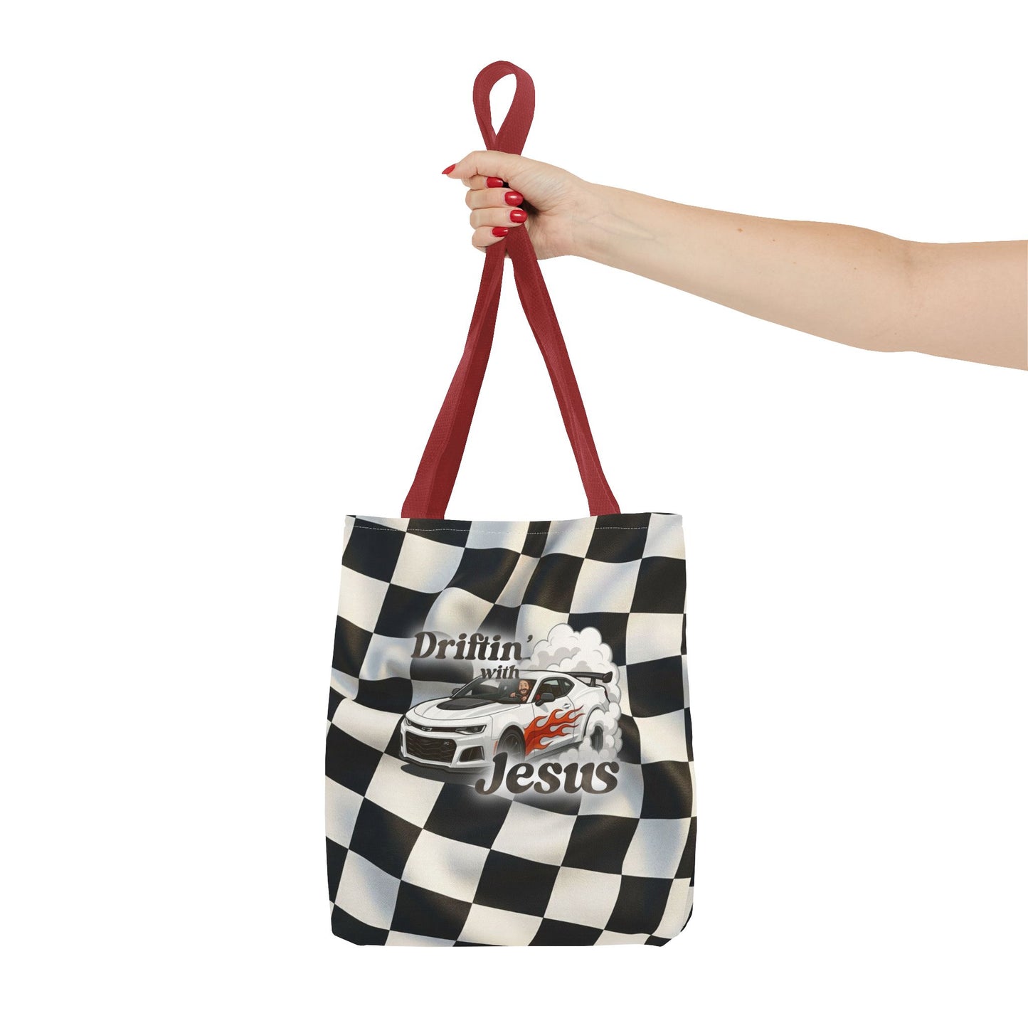 Driftin' with Jesus Racing Tote Bag - Checkered Flag Christian Car Gift
