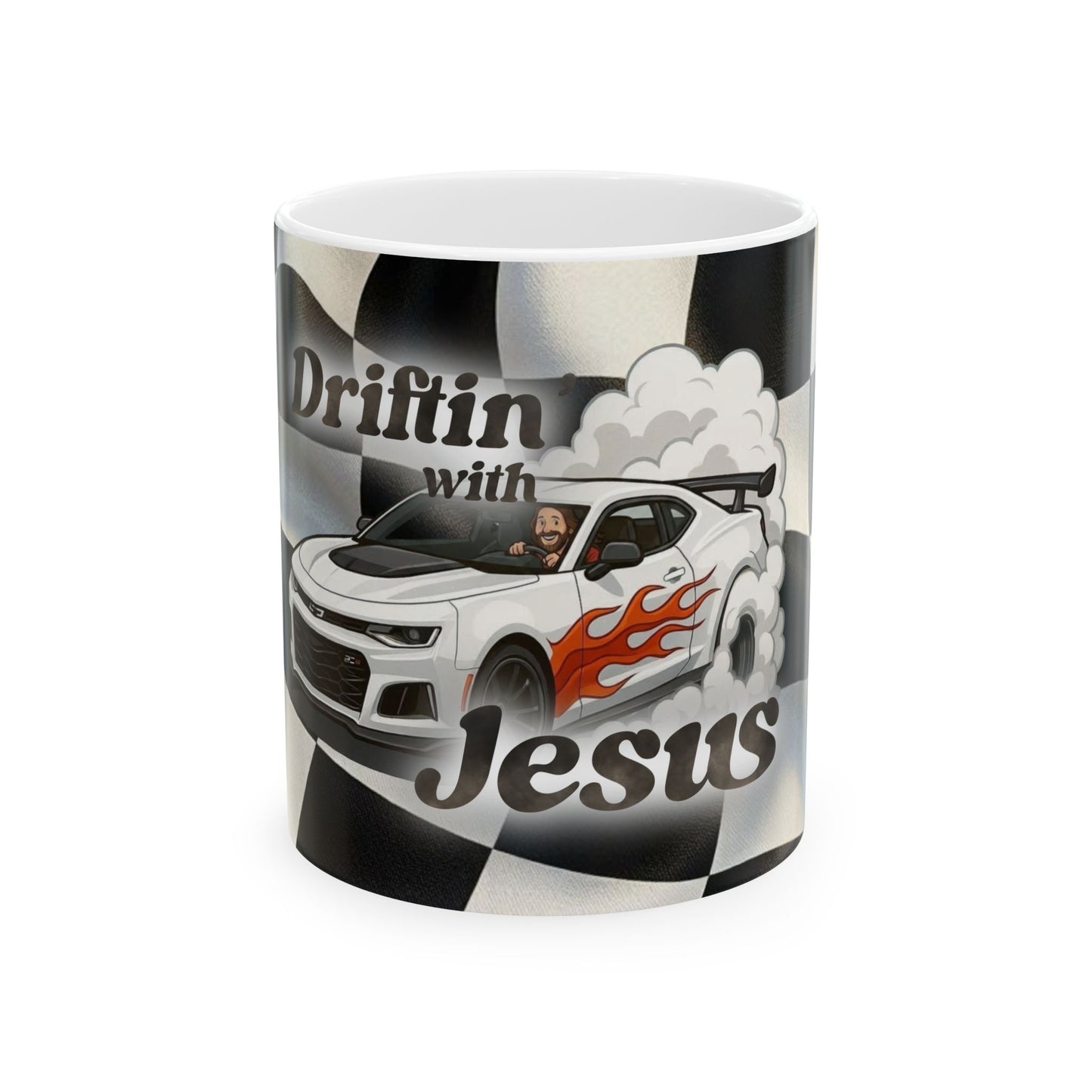 Driftin' with Jesus Ceramic Mug — Racing Checkered Design with Faith Car Graphic (11oz/15oz)