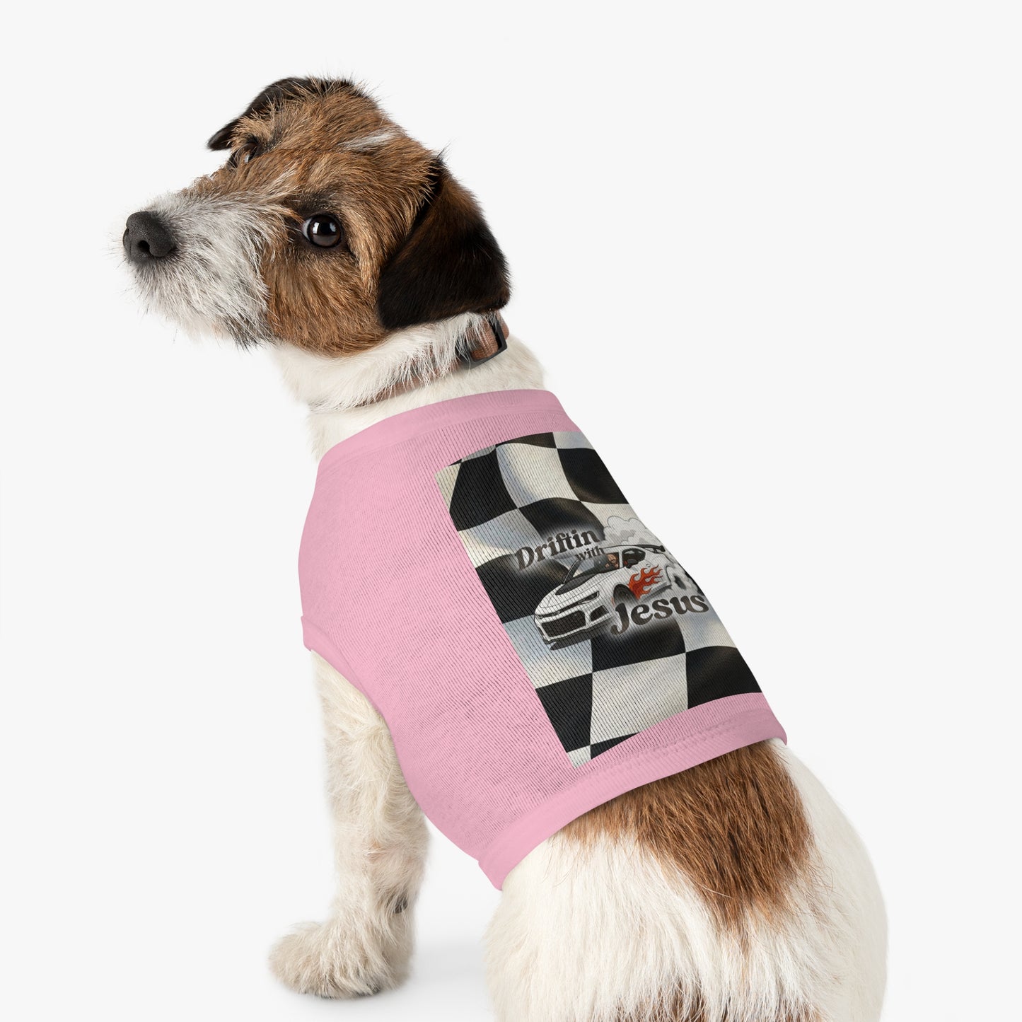 Pet Tank Top — "Driftin' with Jesus" Racing Flag Dog Shirt