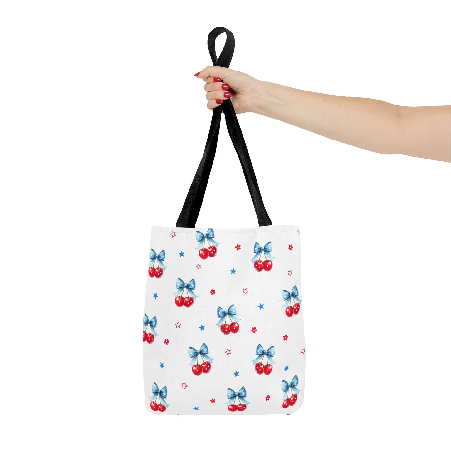 Cherry Bow Tote Bag — Cute Red Cherries with Blue Bows Patterned Shopper