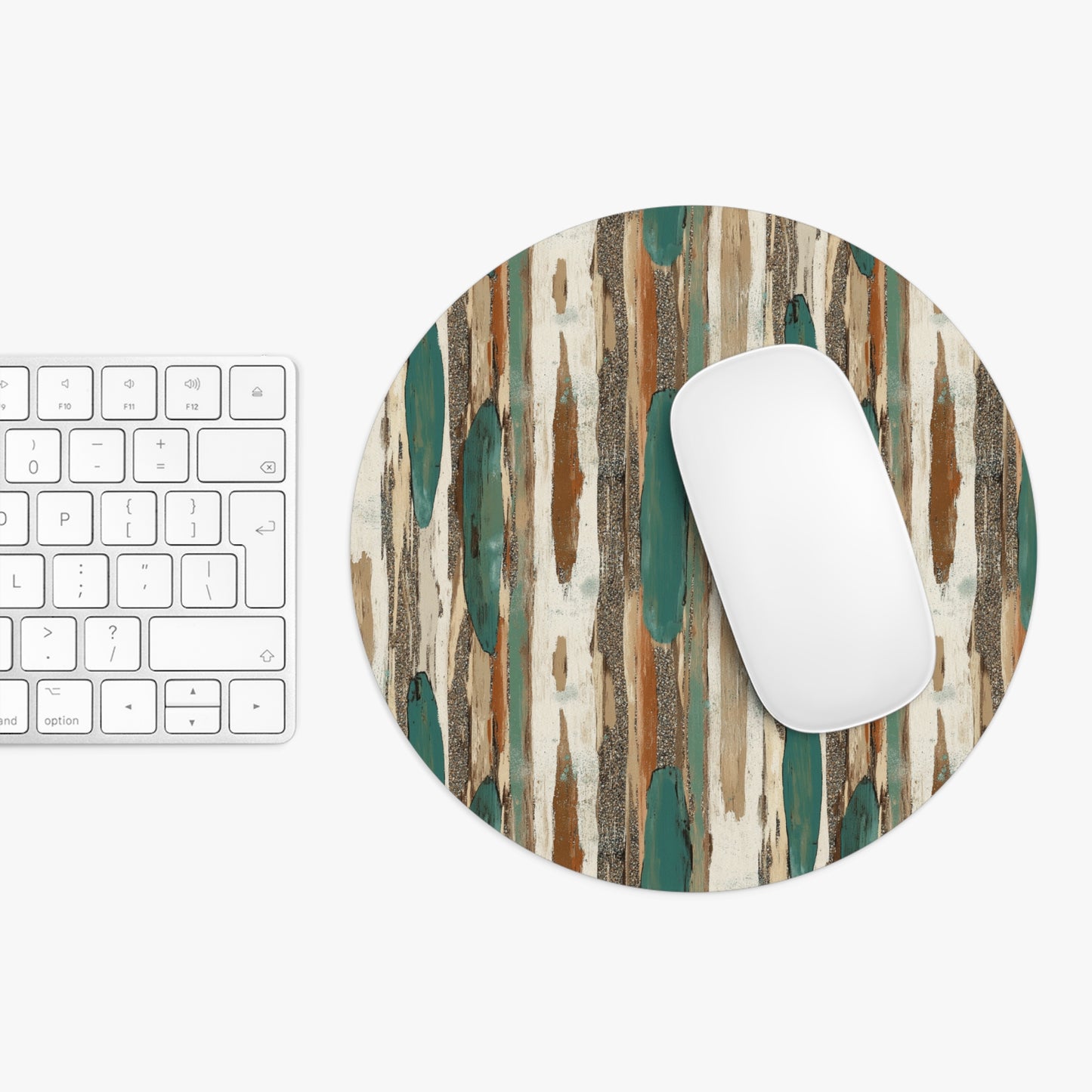 Abstract Teal & Woodgrain Round Mouse Pad — Rustic Boho Desk Mat