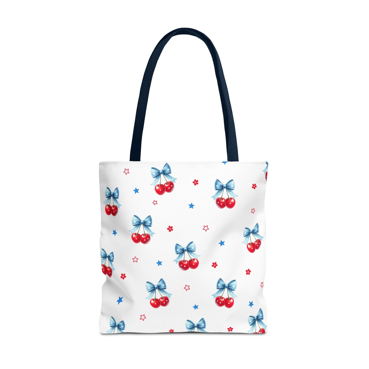Cherry Bow Tote Bag — Cute Red Cherries with Blue Bows Patterned Shopper