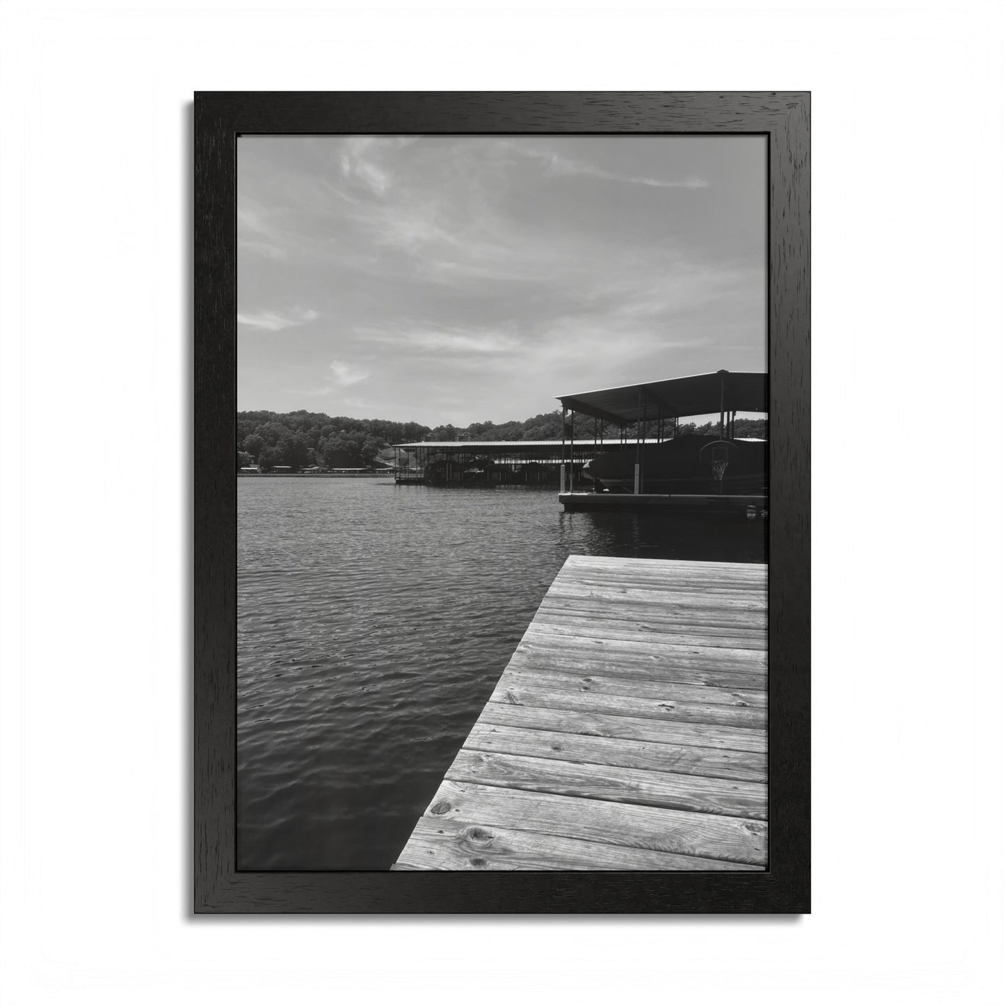 Lake Dock Framed Poster — Black & White Waterfront Wall Art