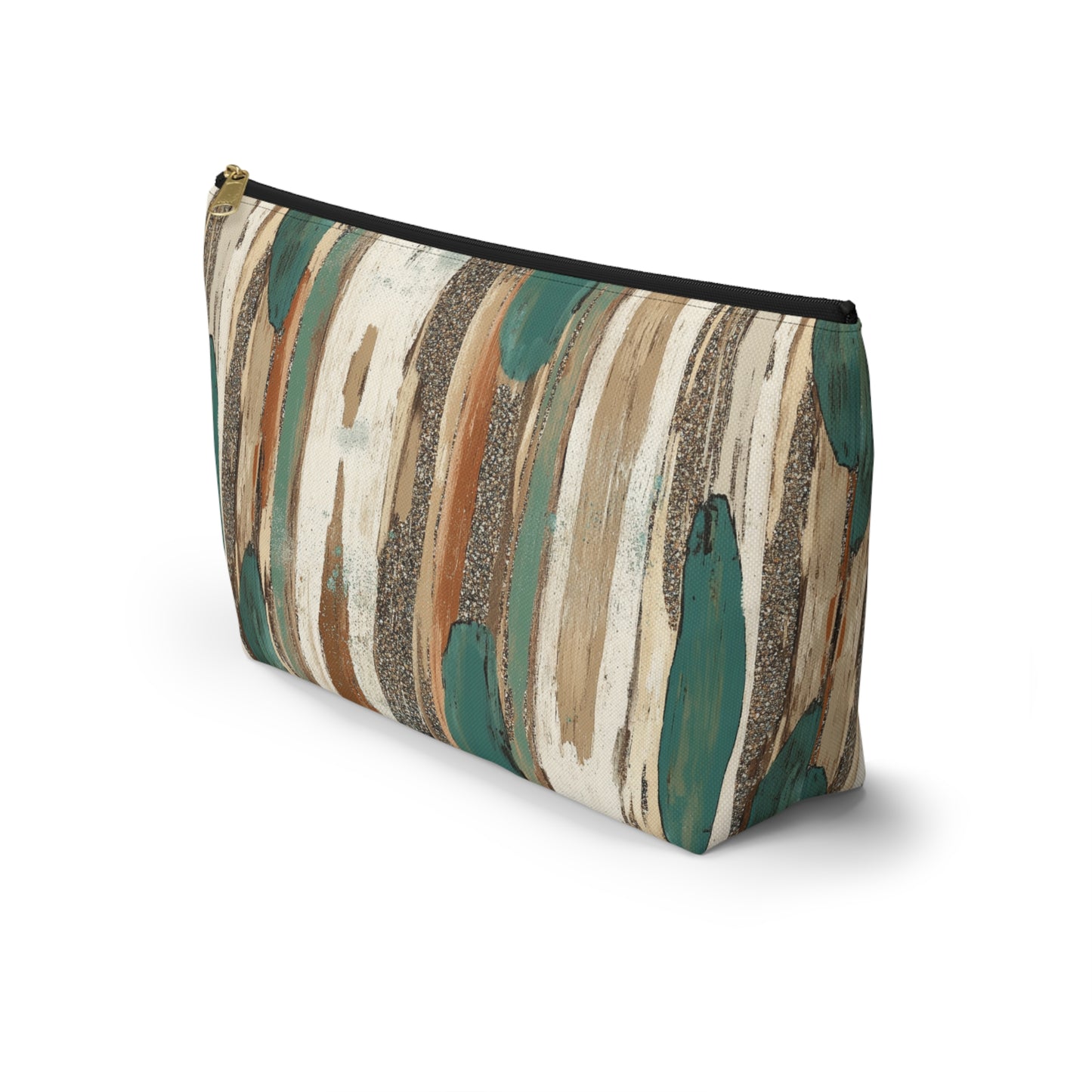 Abstract Teal & Earthtone Accessory Pouch — T-Bottom Cosmetic Bag