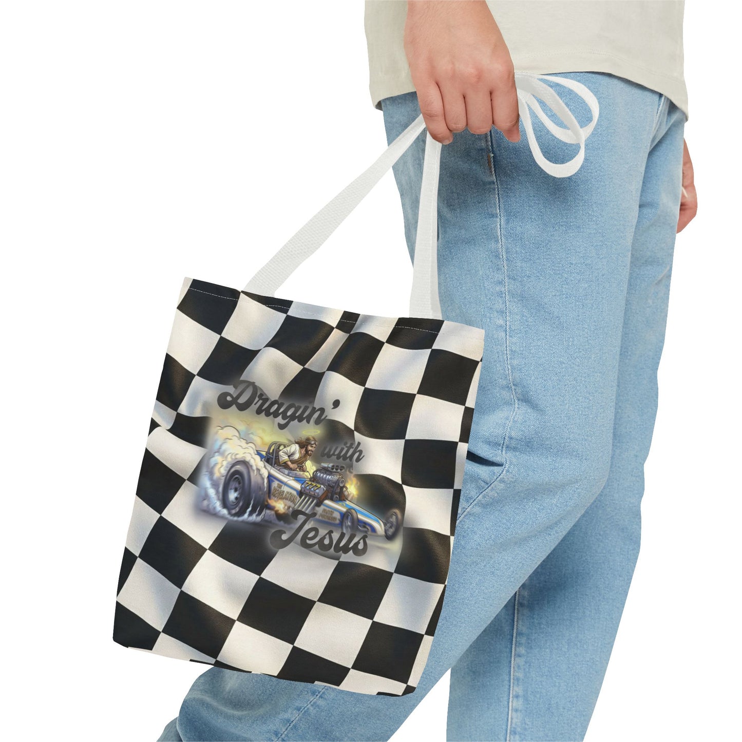 Dragin' Jesus Racing Tote Bag — Checkered Flag Vintage Hot Rod Tote