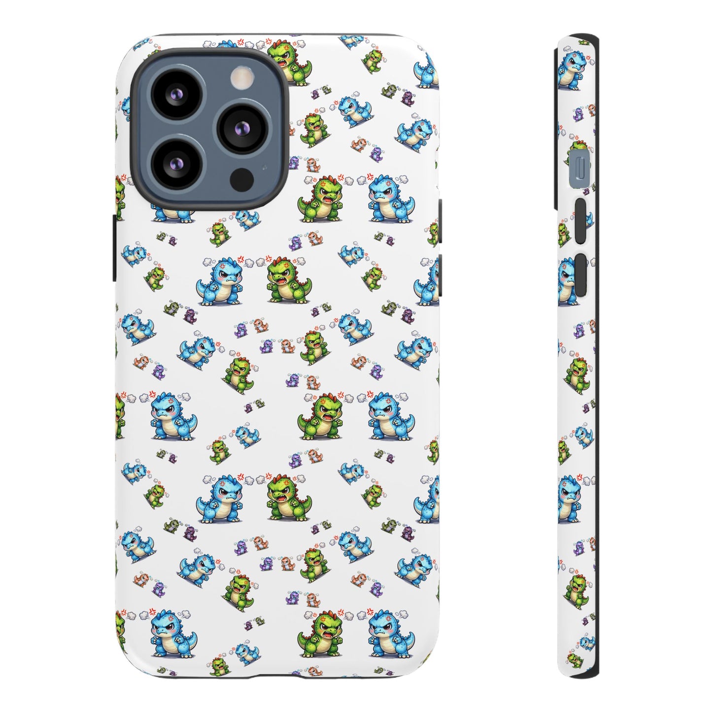 Cute Dino Pattern Phone Case — Cartoon Green & Blue Dino Tough Case, Protective iPhone Cover