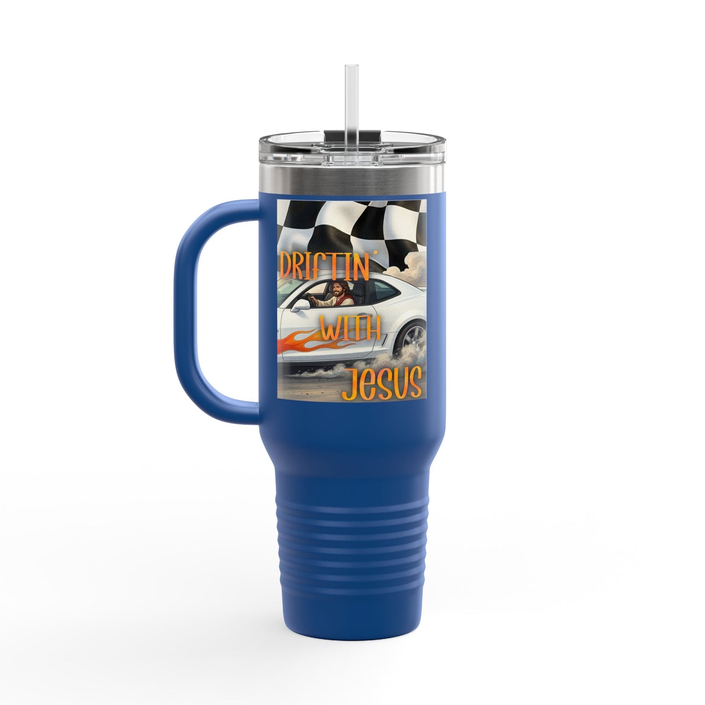 40oz Insulated Travel Mug — Vintage Race Car on Checkered Flag