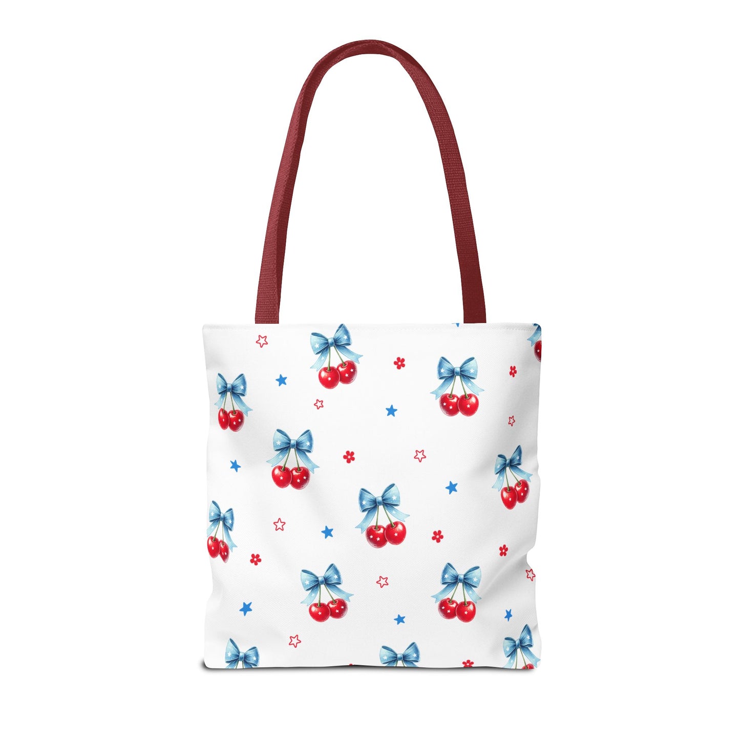 Cherry Bow Tote Bag — Cute Red Cherries with Blue Bows Patterned Shopper