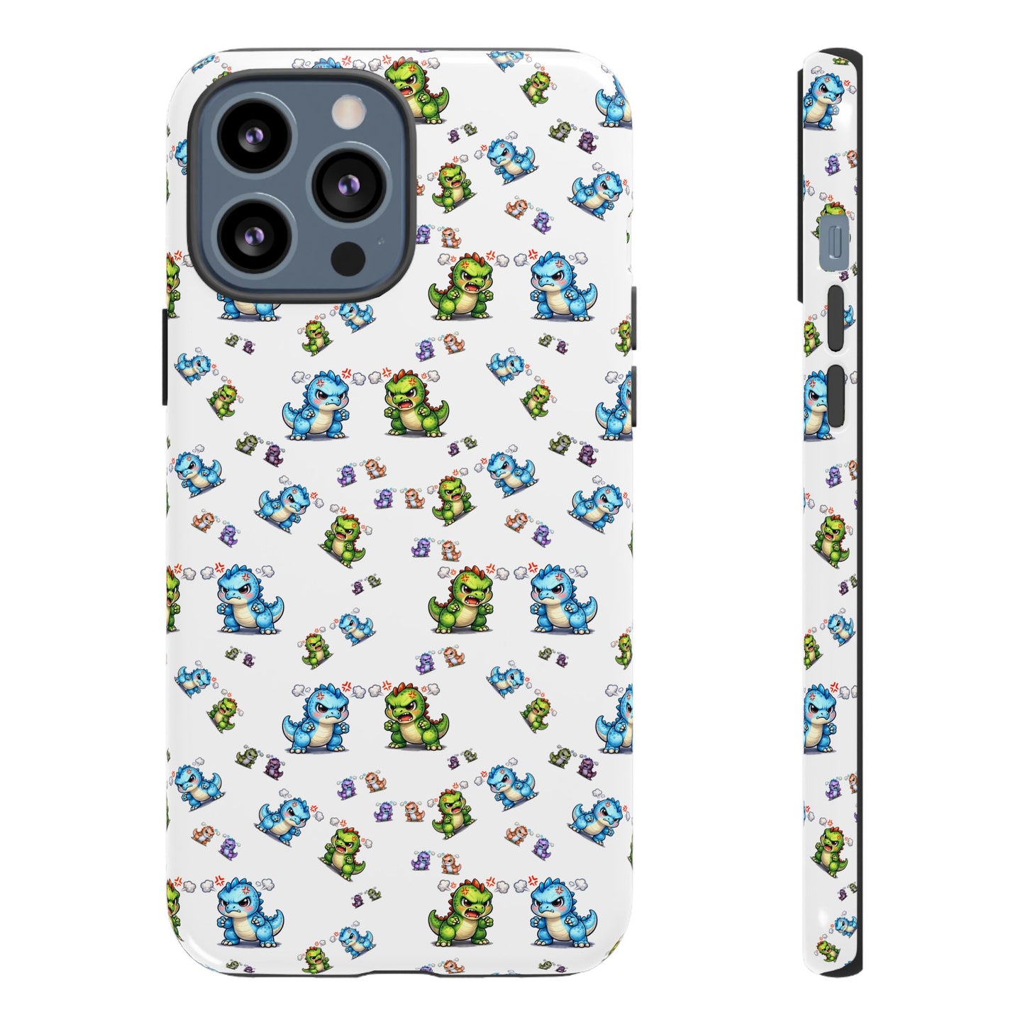 Cute Dino Pattern Phone Case — Cartoon Green & Blue Dino Tough Case, Protective iPhone Cover
