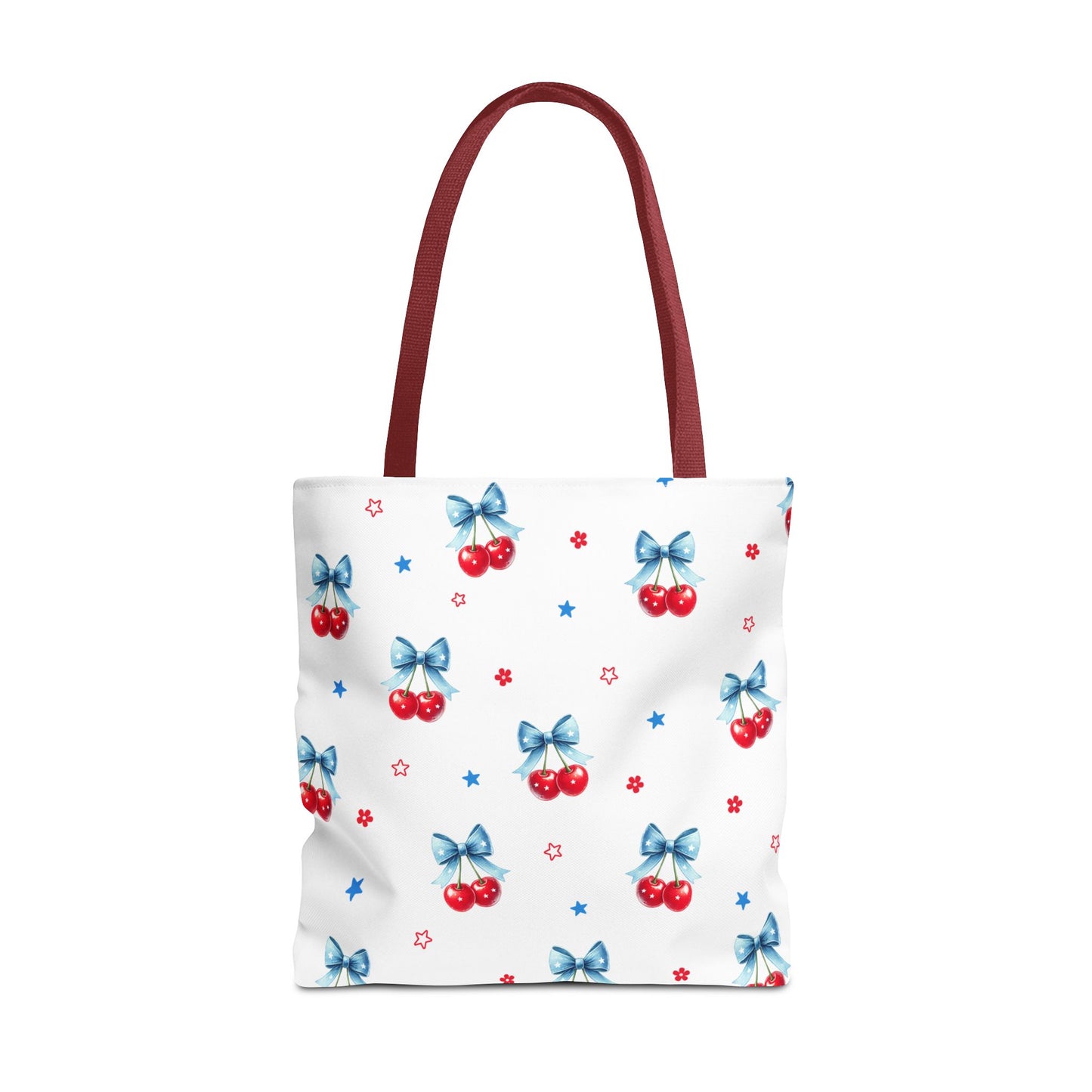 Cherry Bow Tote Bag — Cute Red Cherries with Blue Bows Patterned Shopper