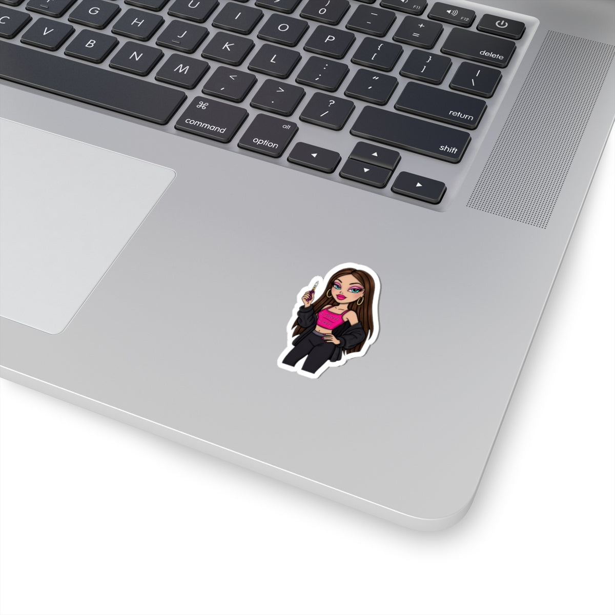 Chic Vaper Girl Kiss-Cut Sticker — Pink Crop Top Laptop Decal