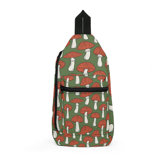 Mushroom Pattern Sling Bag – Green Red Foraging Crossbody