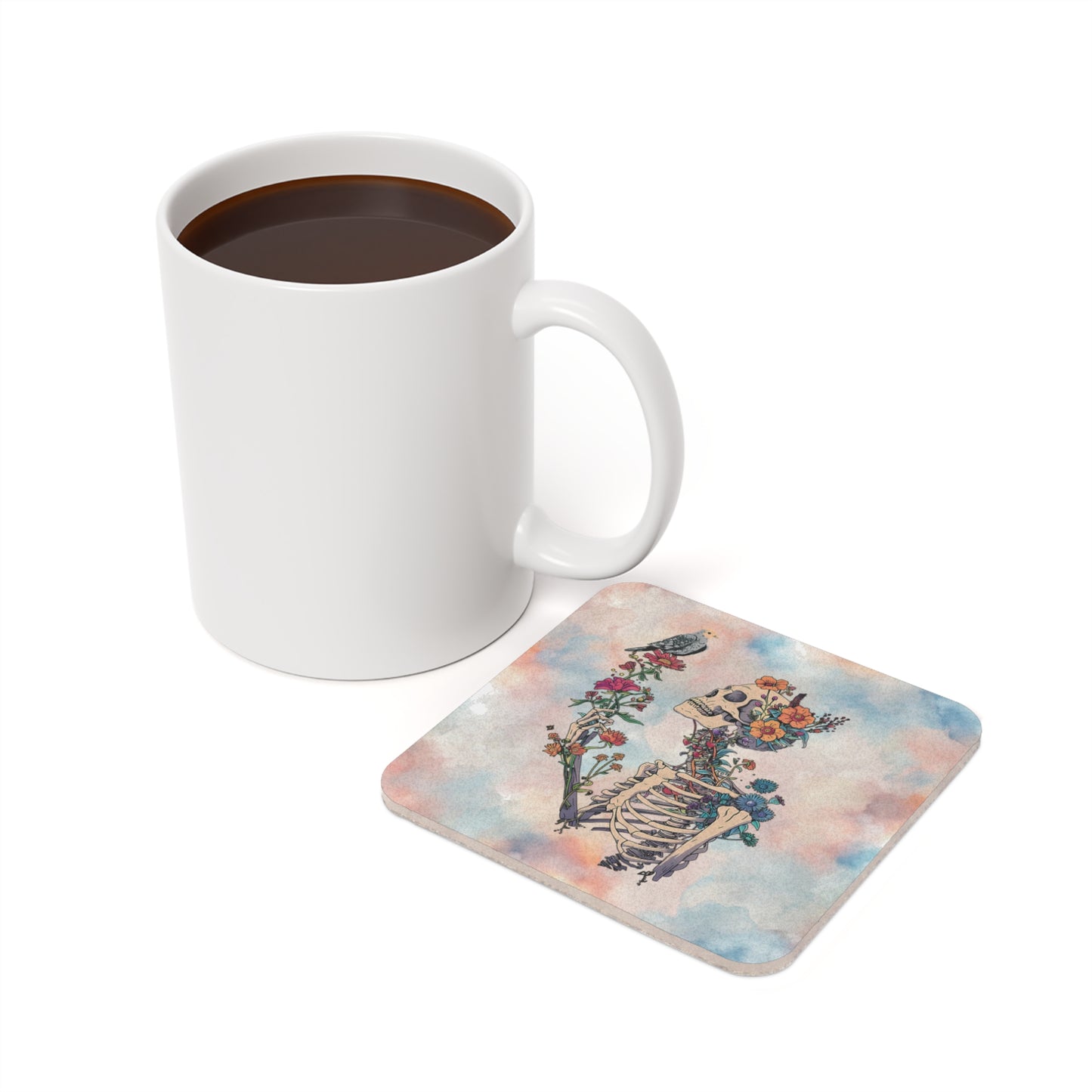 Floral Skeleton Cork Coaster — Day of the Dead Inspired Drink Mat