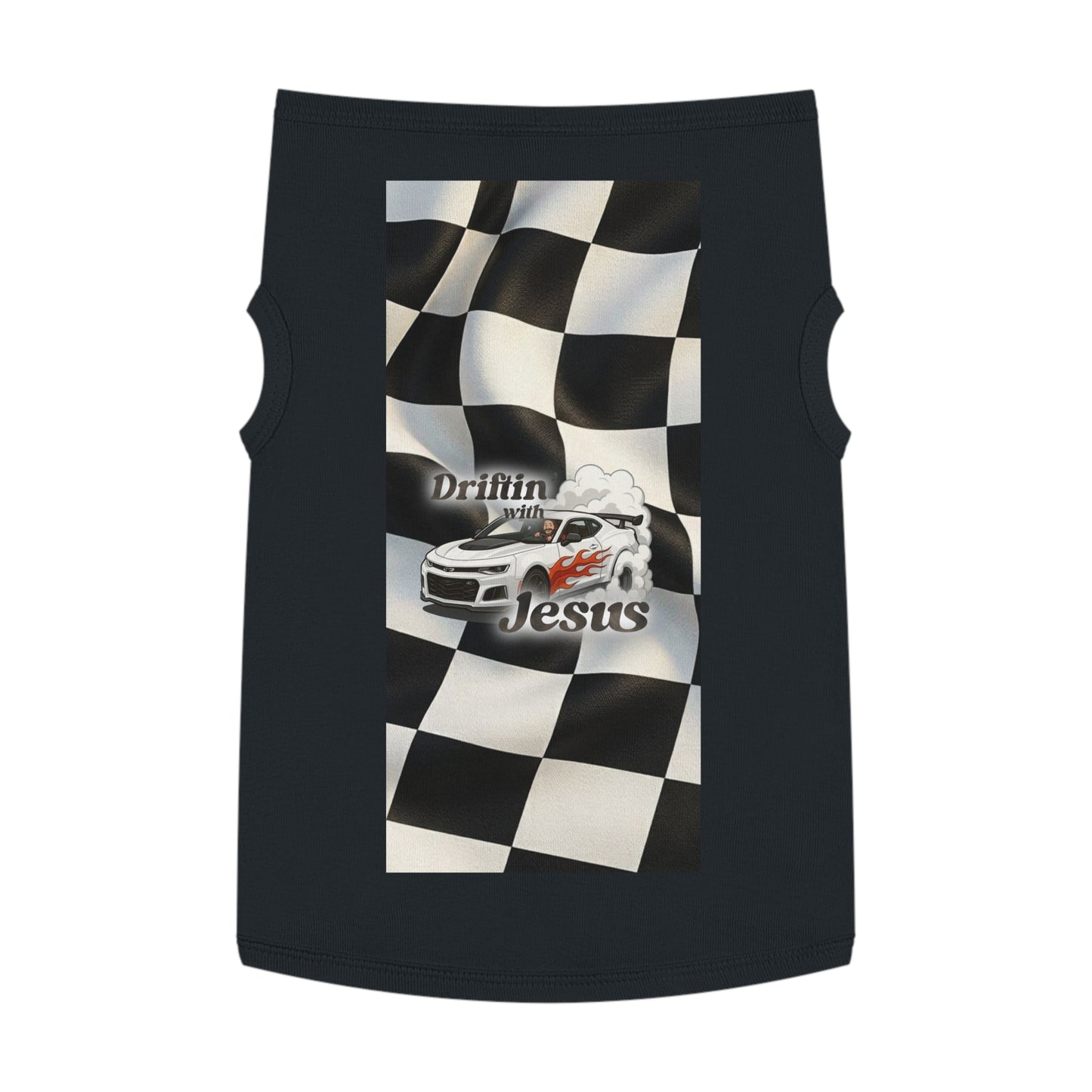 Pet Tank Top — "Driftin' with Jesus" Racing Flag Dog Shirt