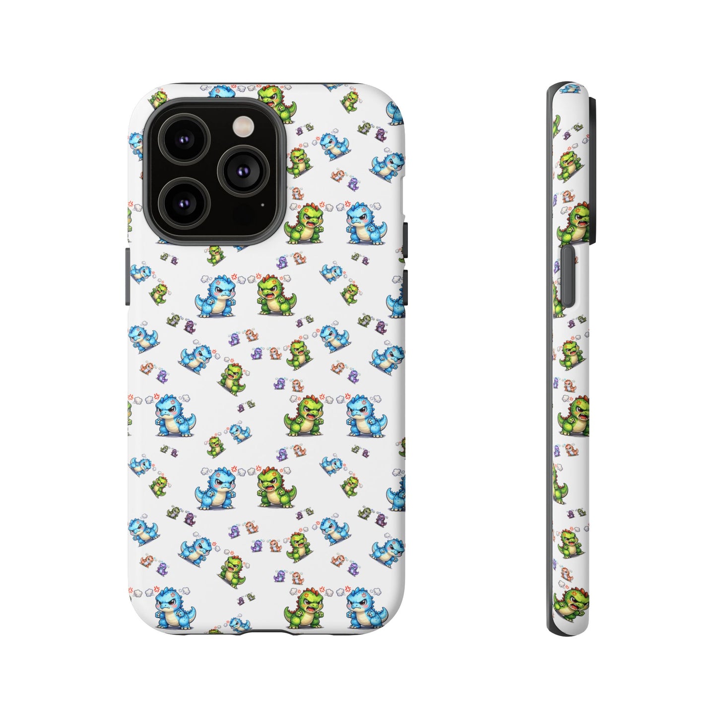 Cute Dino Pattern Phone Case — Cartoon Green & Blue Dino Tough Case, Protective iPhone Cover