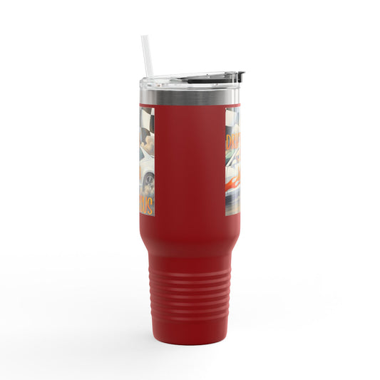 40oz Insulated Travel Mug — Vintage Race Car on Checkered Flag