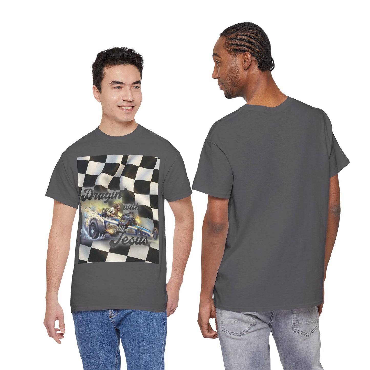 Racing Faith Tee – "Draggin' for Jesus" Checkered Flag Racing T-Shirt