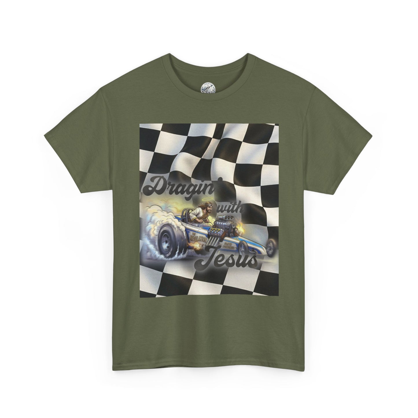 Racing Faith Tee – "Draggin' for Jesus" Checkered Flag Racing T-Shirt